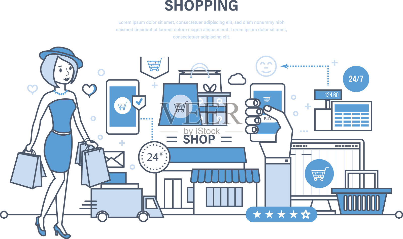 現(xiàn)代購(gòu)物、網(wǎng)上訂購(gòu)產(chǎn)品系統(tǒng),安全支付、送貨插畫圖片素材