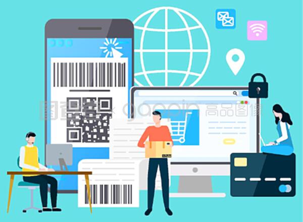 有支付保障的智能手機(jī)和計算機(jī),購物和送貨。網(wǎng)上支付系統(tǒng),帶筆記本電腦的字符。平面卡通風(fēng)格的矢量插圖。國際商務(wù)現(xiàn)代技術(shù)小工具